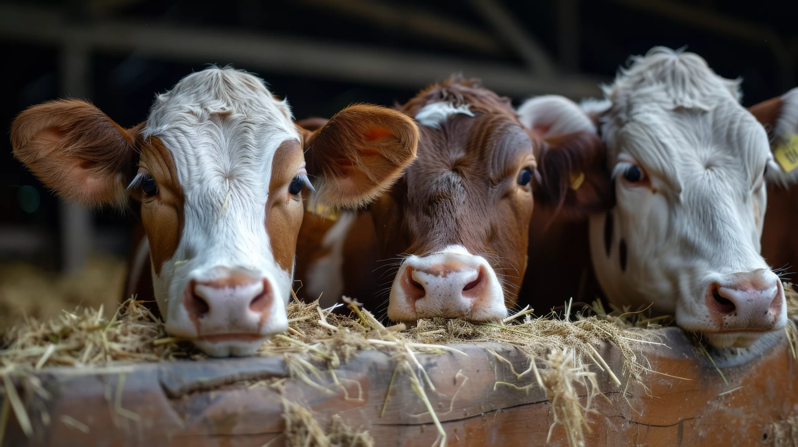Three cows resting peacefully in a barn