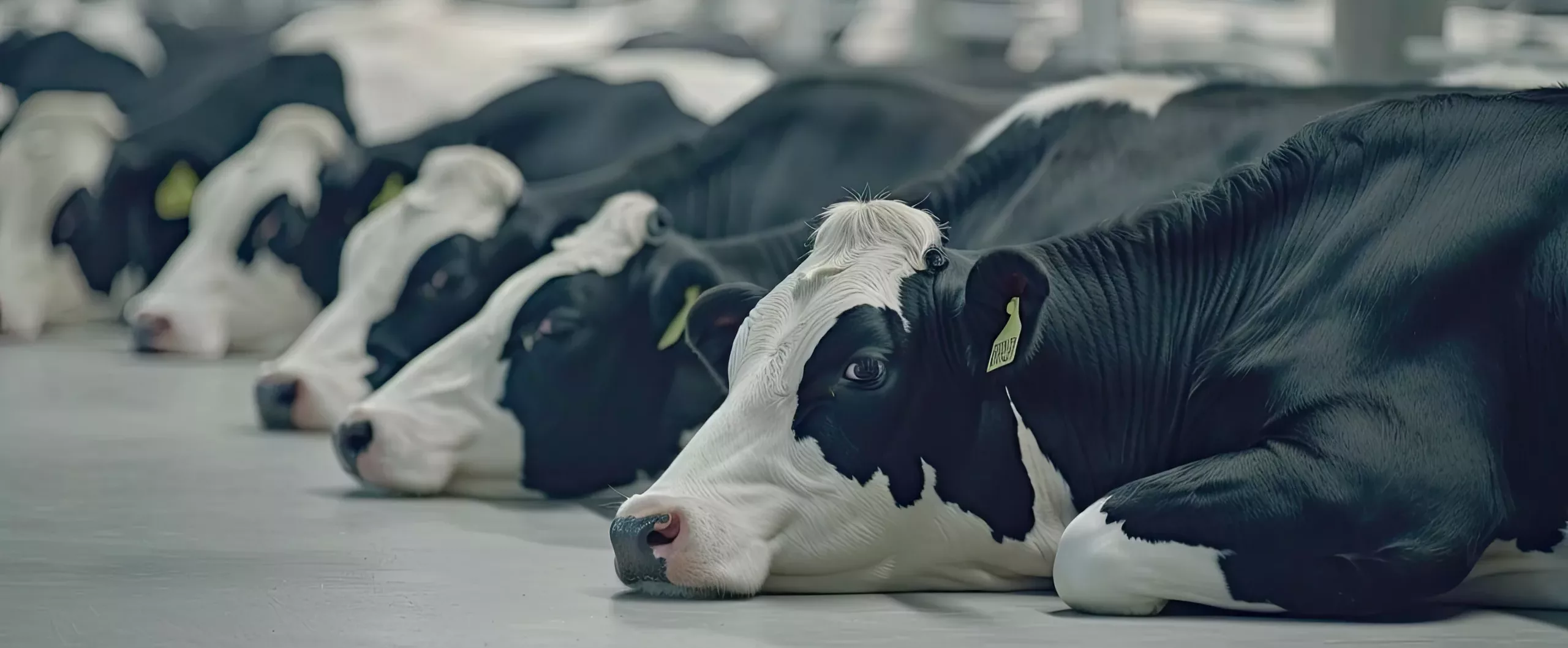 A group of black and white dairy cows lies comfortably on a smooth concrete floor inside a spacious barn designed for livestock. The cows are dispersed in a neat row, highlighting their calm demeanor in the well-lit environment.
