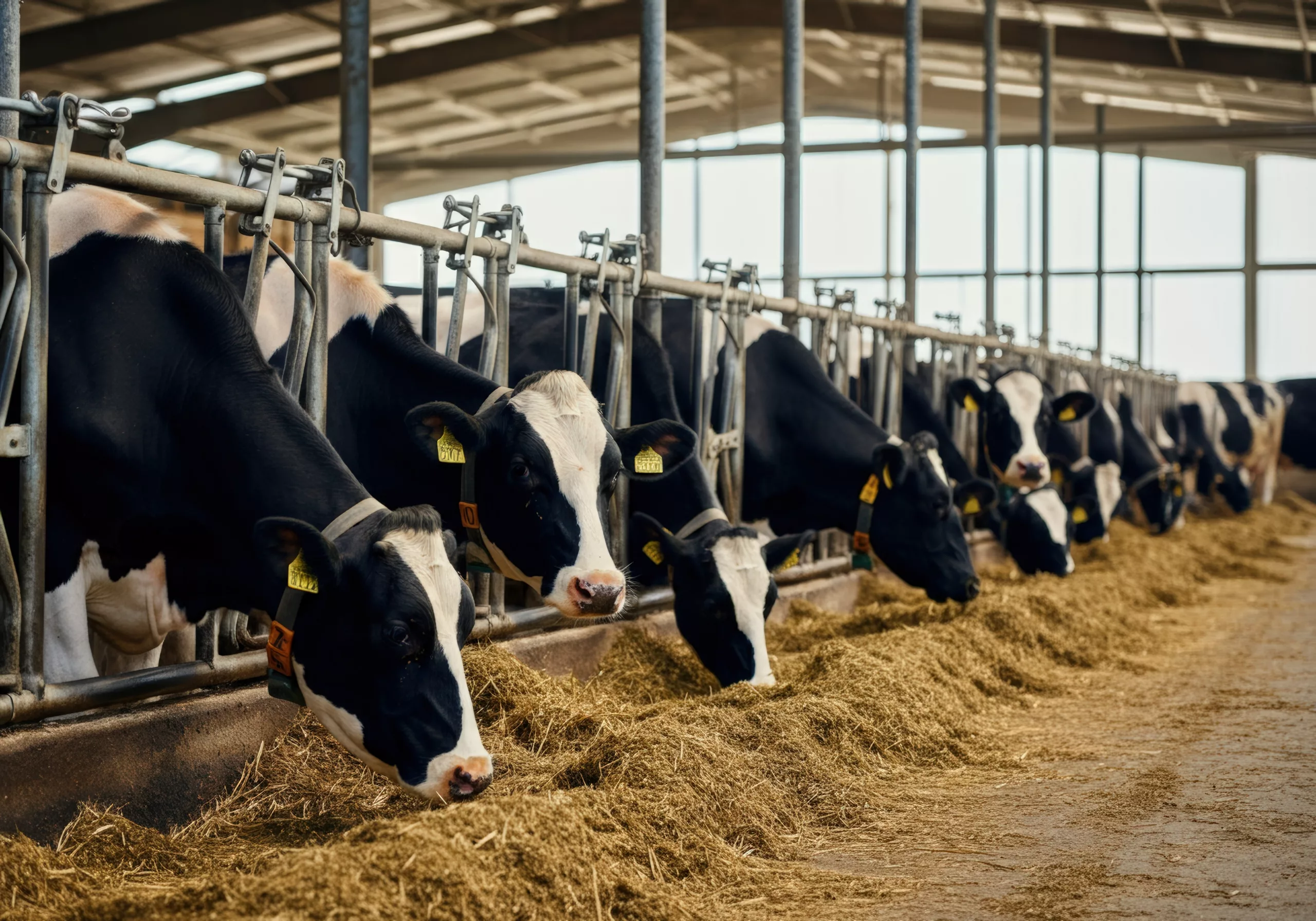 Kühe im Futtergang eines modernen Stalls; unterstützt durch effiziente Stallbelüftung zur Klimakontrolle.